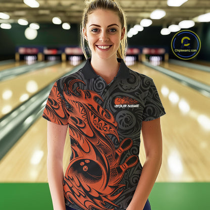 Custom Black And Orange Tribal Polynesian Bowling Team Women Shirts, Niho Mano Bowling Shirt IPHW10759