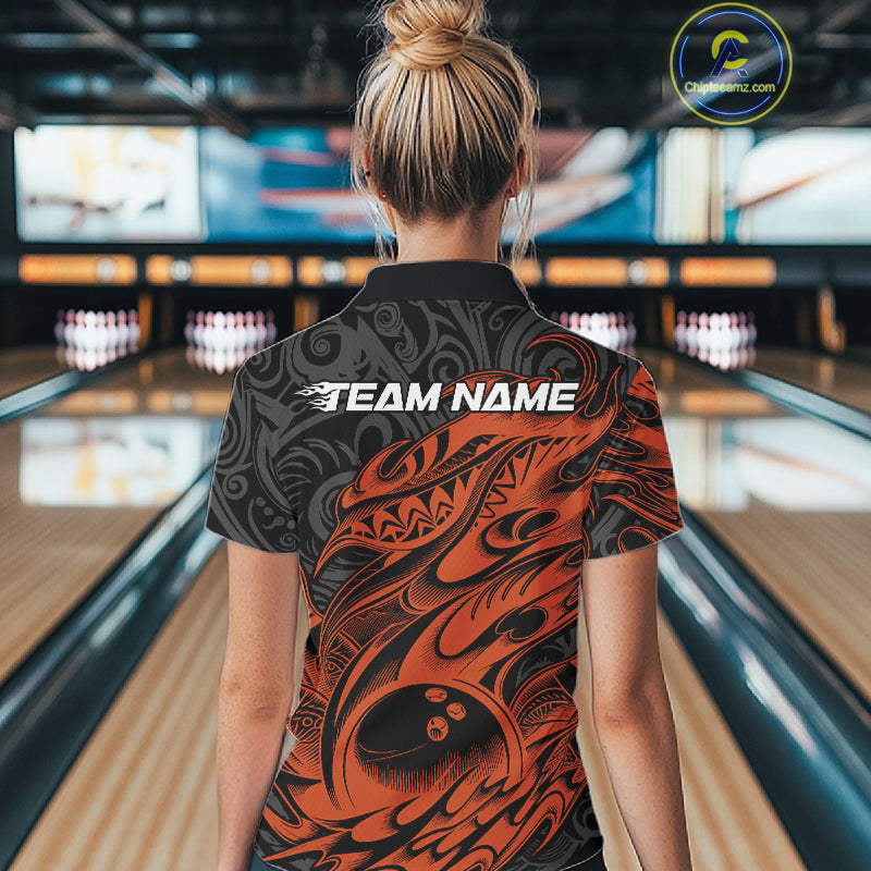 Custom Black And Orange Tribal Polynesian Bowling Team Women Shirts, Niho Mano Bowling Shirt IPHW10759