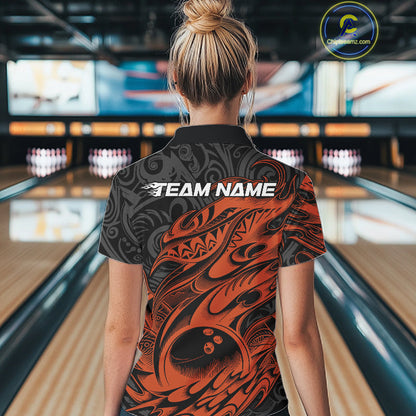 Custom Black And Orange Tribal Polynesian Bowling Team Women Shirts, Niho Mano Bowling Shirt IPHW10759