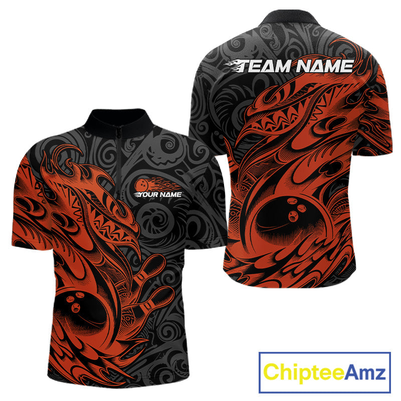 Custom Black And Orange Tribal Polynesian Bowling Team Men Shirts, Niho Mano Bowling Shirt IPHW10759