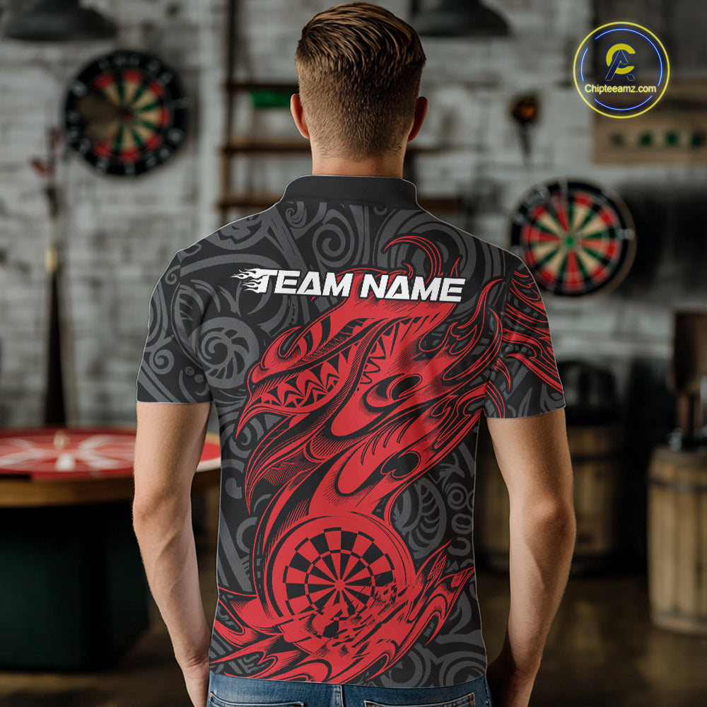Custom Black And Red Tribal Polynesian Dart Team Men Shirts, Niho Mano Dart Shirt IPHW10760