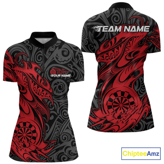 Custom Black And Red Tribal Polynesian Dart Team Women Shirts, Niho Mano Dart Shirt IPHW10760