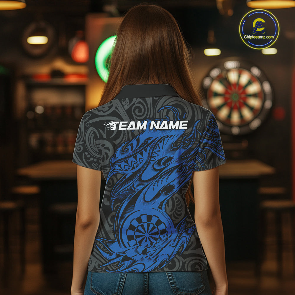 Custom Black And Blue Tribal Polynesian Dart Team Women Shirts, Niho Mano Dart Shirt IPHW10762