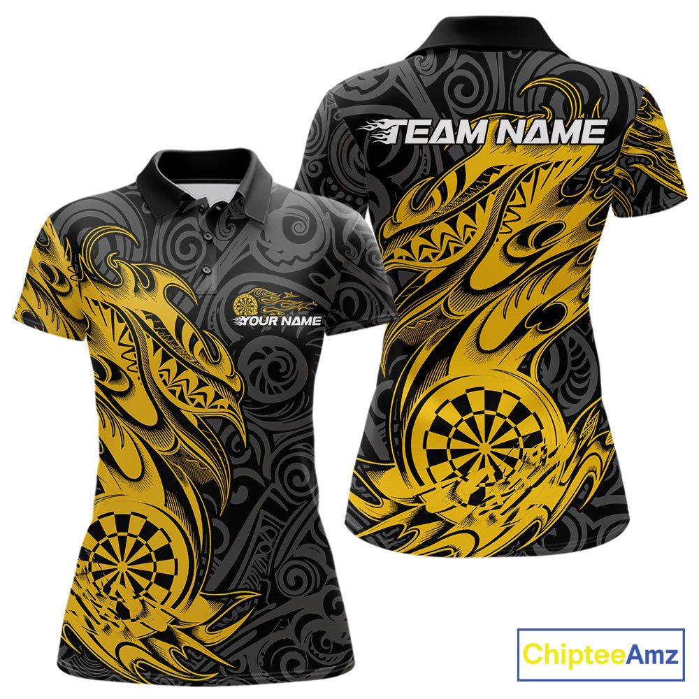 Custom Black And Yellow Tribal Polynesian Dart Team Women Shirts, Niho Mano Dart Shirt IPHW10763