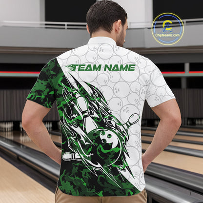 Front view of a male model in a white bowling quarter-zip shirt displaying green camo streak accents and bowling motifs.