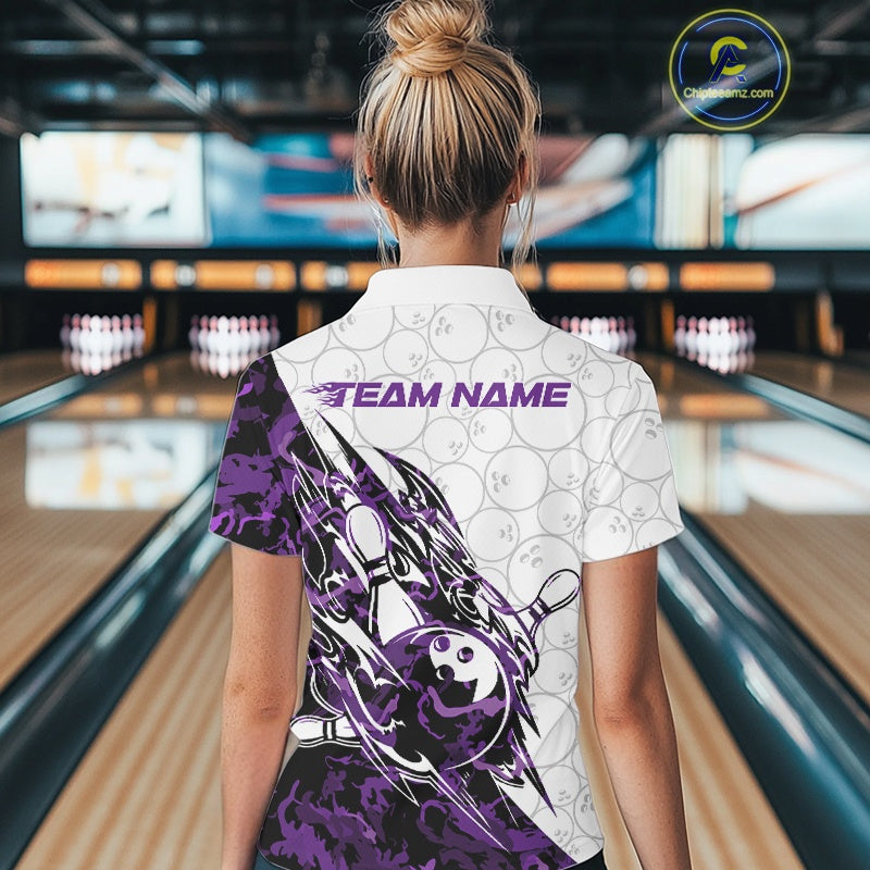 Back view of a female model in a white bowling polo shirt displaying purple camo streak bowling graphics.