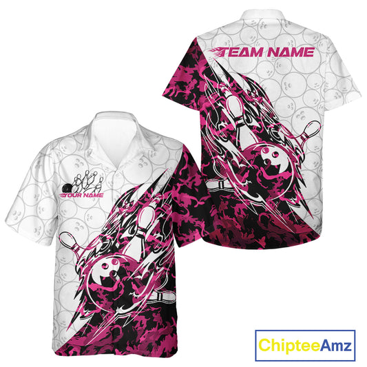 Front and back views of a white button-up bowling shirt featuring bowling ball and pin graphics with sharp pink camo streaks and subtle ball patterns.