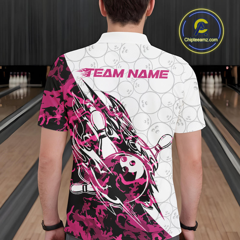 Back view of a male model in a white bowling polo shirt showcasing pink camo streak accents and bowling motifs.