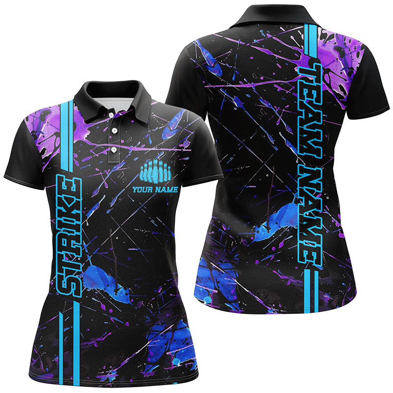 Custom Blue And Purple Strike Bowling Shirts For Women, Camo Bowling Team Jerseys IPHW6425