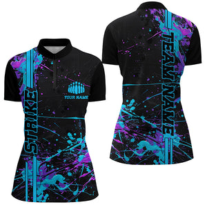 Custom Blue And Purple Strike Bowling Shirts For Women, Camo Bowling Team Jerseys IPHW6426