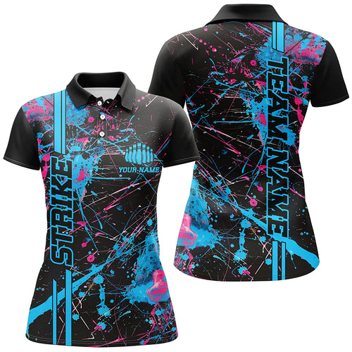 Custom Blue And Pink Strike Bowling Shirts For Women, Camo Bowling Team Jerseys IPHW6428