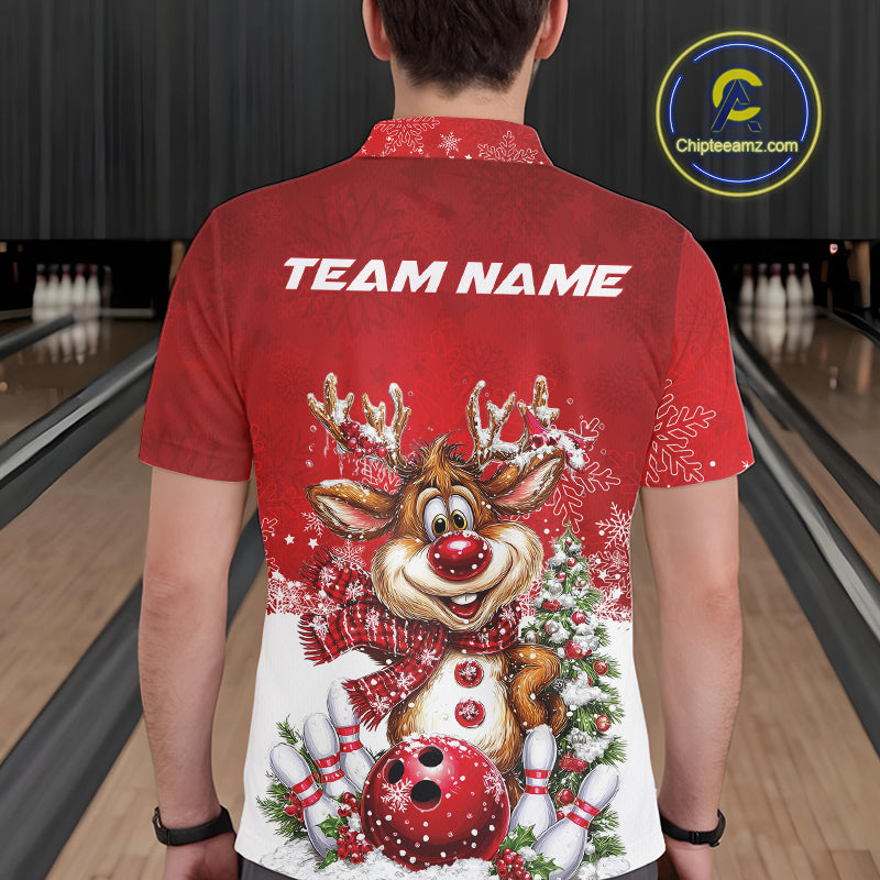 Custom Cute Funny Reindeer Christmas Bowling Men Polo Shirts, Xmas Team Bowling Outfit IPHW10115