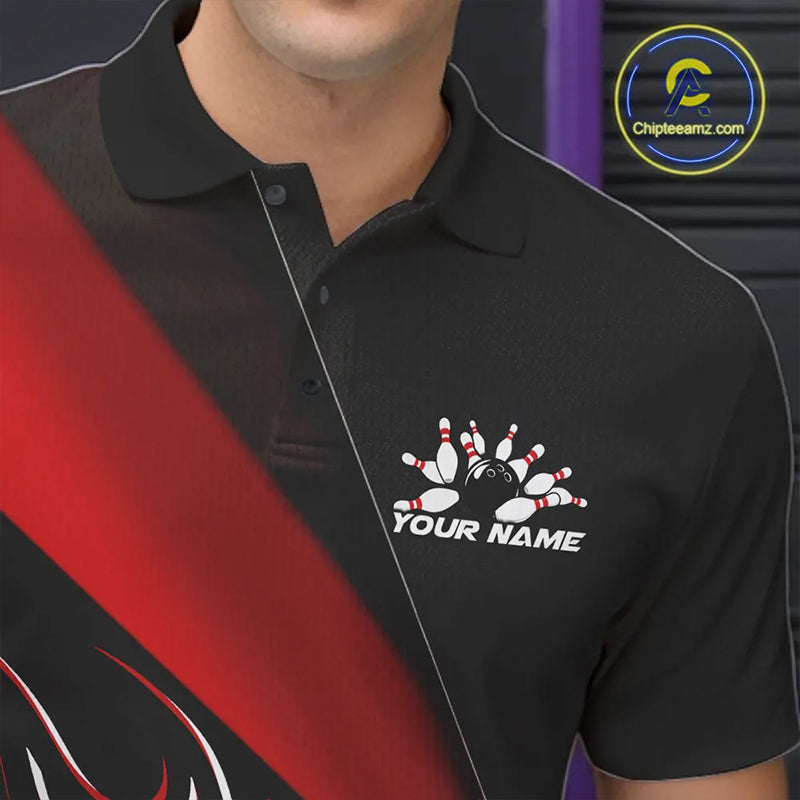 Custom Black And Red Flame Bowling Men Polo Shirt, Team Bowling League Shirt IPHW10254