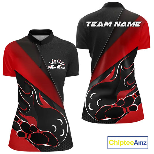 Custom Black And Red Flame Bowling Women Quarter-Zip Shirt, Team Bowling League Shirt IPHW10254