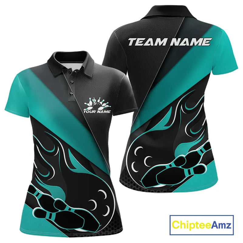 Custom Black And Turquoise Blue Flame Bowling Women Polo Shirt, Team Bowling League Shirt IPHW10255