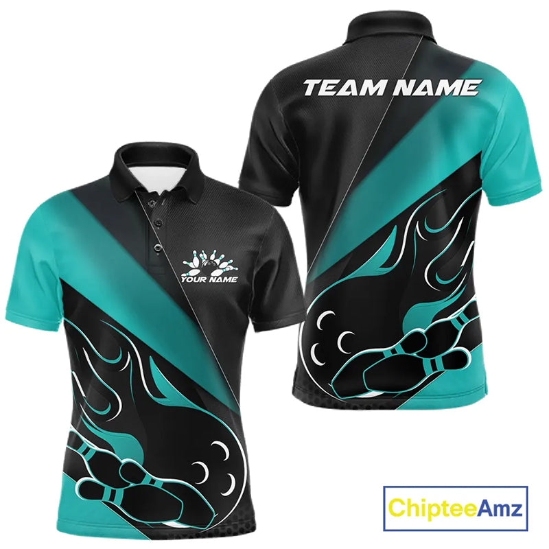 Custom Black And Turquoise Blue Flame Bowling Men Polo Shirt, Team Bowling League Shirt IPHW10255