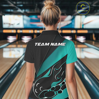 Custom Black And Turquoise Blue Flame Bowling Women Shirt, Team Bowling League Shirt IPHW10255