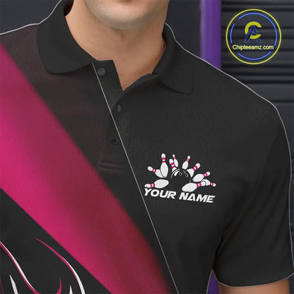 Custom Black And Pink Flame Bowling Men Polo Shirt, Team Bowling League Shirt IPHW10256