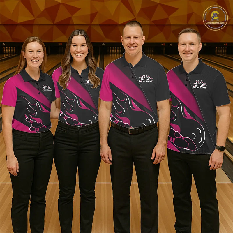 Custom Black And Pink Flame Bowling Men Polo Shirt, Team Bowling League Shirt IPHW10256