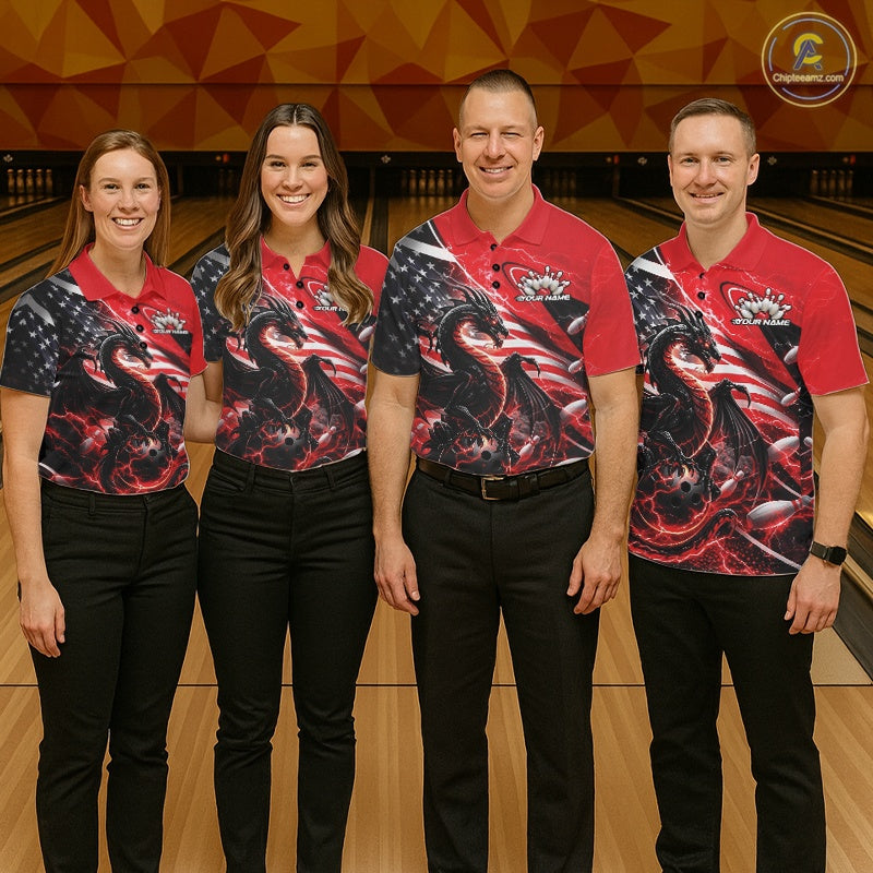 Custom Red Thunder Lightning Patriotic Dragon Bowling Shirts, Freedom US Flag Bowling Jerseys Bowlers Outfit IPHW10480