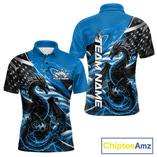 Custom Blue Thunder Lightning Patriotic Dragon Bowling Shirts, Freedom US Flag Bowling Jerseys Bowlers Outfit IPHW10481