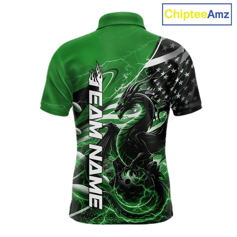 Custom Green Thunder Lightning Patriotic Dragon Bowling Shirts, Freedom US Flag Bowling Jerseys Bowlers Outfit IPHW10484