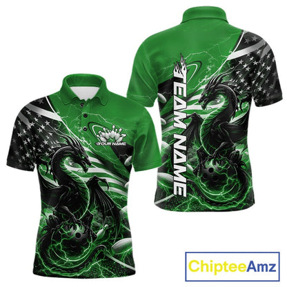 Custom Green Thunder Lightning Patriotic Dragon Bowling Shirts, Freedom US Flag Bowling Jerseys Bowlers Outfit IPHW10484