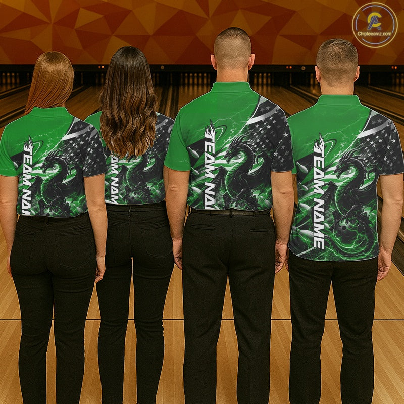 Custom Green Thunder Lightning Patriotic Dragon Bowling Shirts, Freedom US Flag Bowling Jerseys Bowlers Outfit IPHW10484