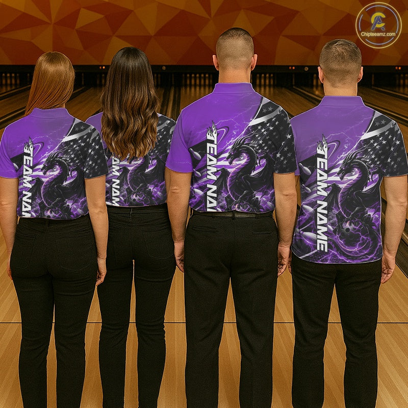 Custom Purple Thunder Lightning Patriotic Dragon Bowling Shirts, Freedom US Flag Bowling Jerseys Bowlers Outfit IPHW10485