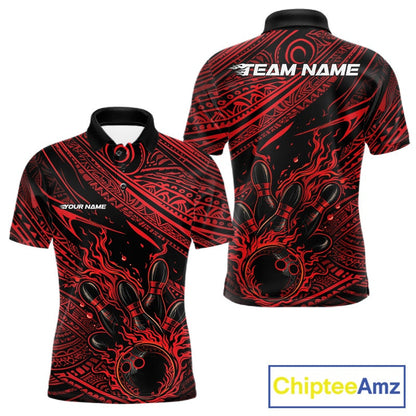 Custom Black And Red Tribal Flame Bowling Ball Bowling Team Shirts, Polynesian Bowling Tournament Shirt IPHW10486