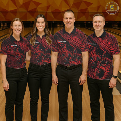 Custom Black And Red Tribal Flame Bowling Ball Bowling Team Shirts, Polynesian Bowling Tournament Shirt IPHW10486