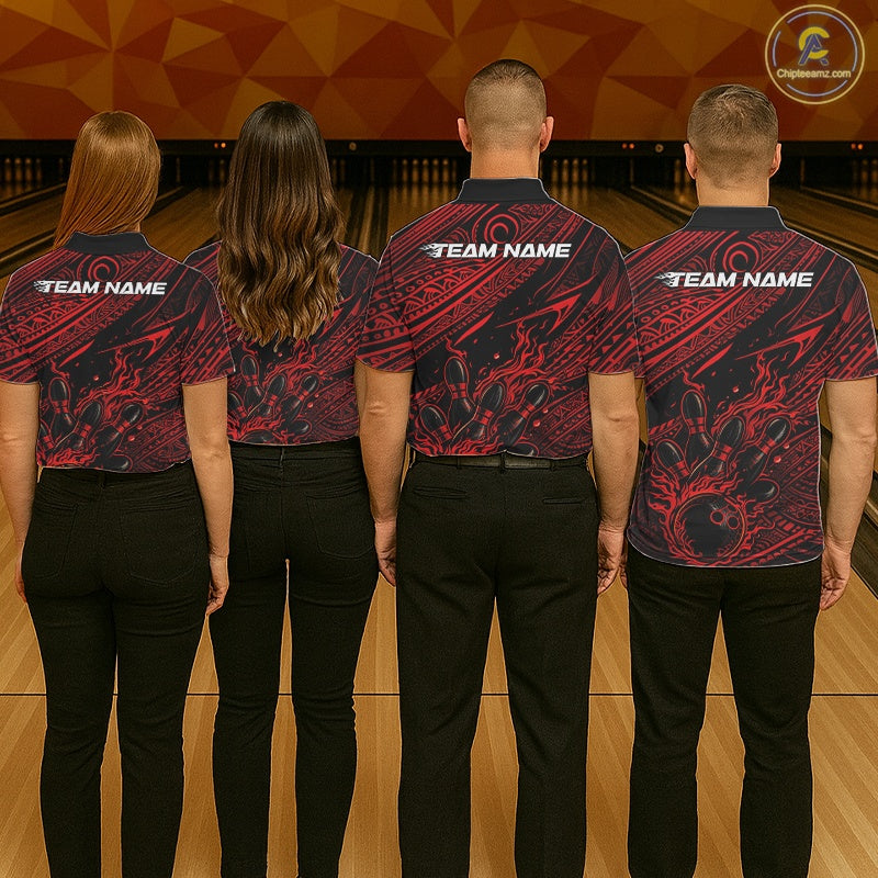 Custom Black And Red Tribal Flame Bowling Ball Bowling Team Shirts, Polynesian Bowling Tournament Shirt IPHW10486