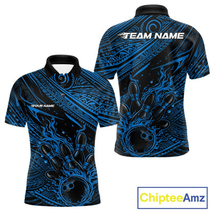 Custom Black And Blue Tribal Flame Bowling Ball Bowling Team Shirts, Polynesian Bowling Tournament Shirt IPHW10487