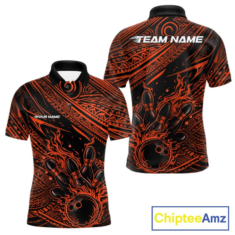Custom Black And Orange Tribal Flame Bowling Ball Bowling Team Shirts, Polynesian Bowling Tournament Shirt IPHW10488