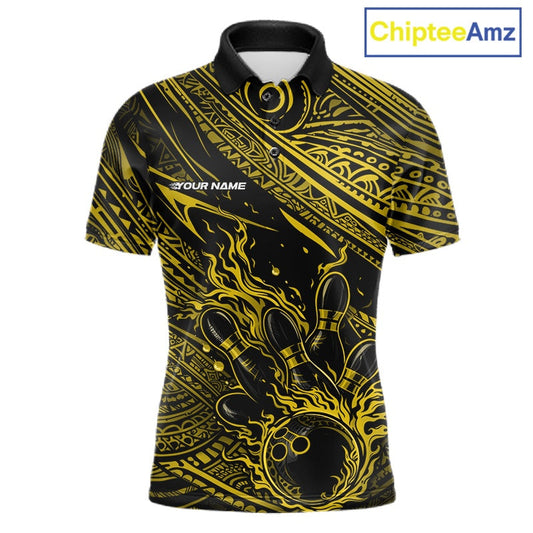 Custom Black And Yellow Tribal Flame Bowling Ball Bowling Team Shirts, Polynesian Bowling Tournament Shirt IPHW10489