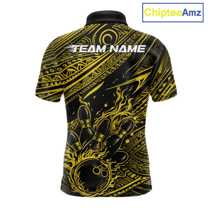 Custom Black And Yellow Tribal Flame Bowling Ball Bowling Team Shirts, Polynesian Bowling Tournament Shirt IPHW10489