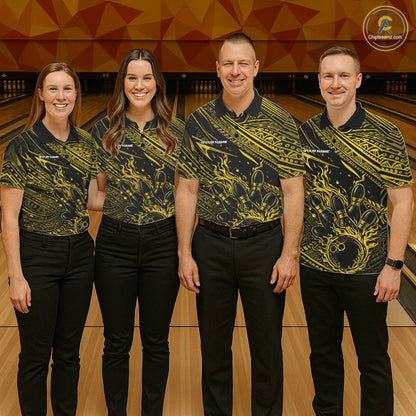 Custom Black And Yellow Tribal Flame Bowling Ball Bowling Team Shirts, Polynesian Bowling Tournament Shirt IPHW10489