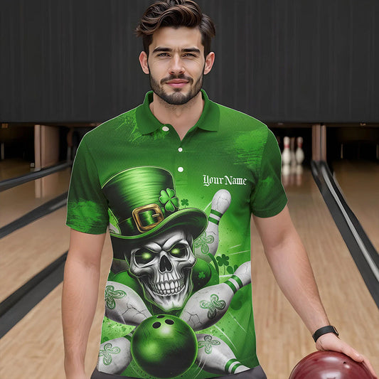 Custom Green Leprechaun Skull St Patricks Day Bowling Polo Shirt For Men, Lucky Bowling Shirt IPHW8595