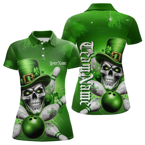 Custom Green Leprechaun Skull St Patricks Bowling Polo Shirt For Women, Lucky Bowling Shirt IPHW8595
