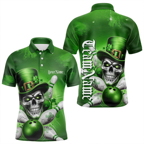 Custom Green Leprechaun Skull St Patricks Day Bowling Polo Shirt For Men, Lucky Bowling Shirt IPHW8595
