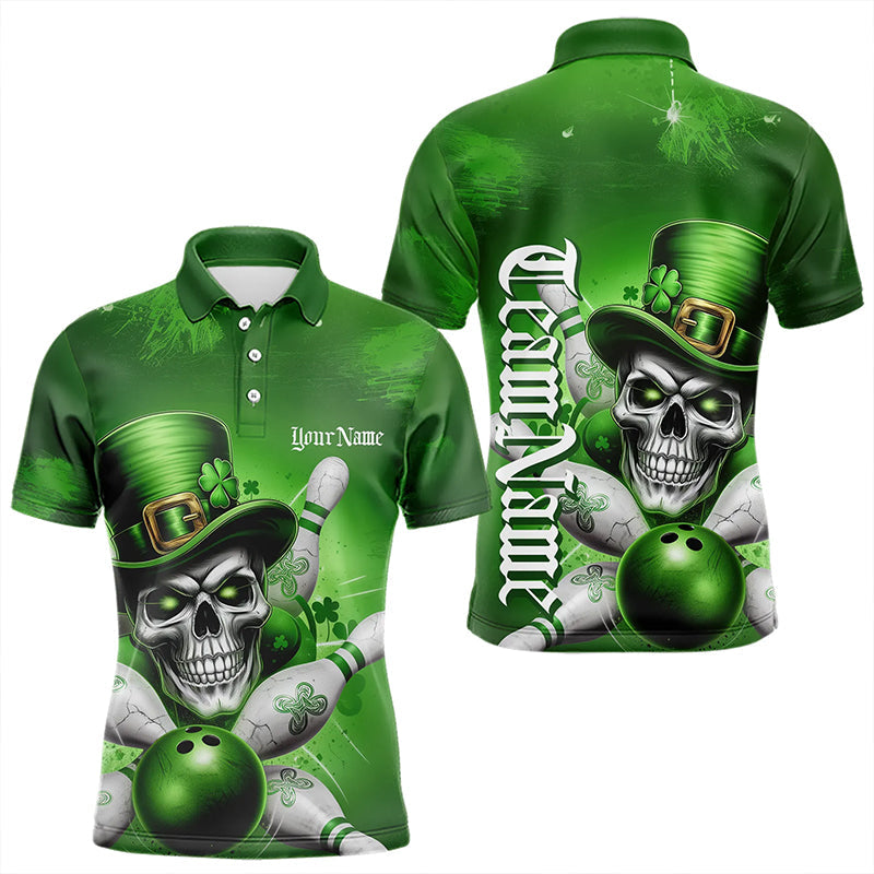 Custom Green Leprechaun Skull St Patricks Day Bowling Polo Shirt For Men, Lucky Bowling Shirt IPHW8595