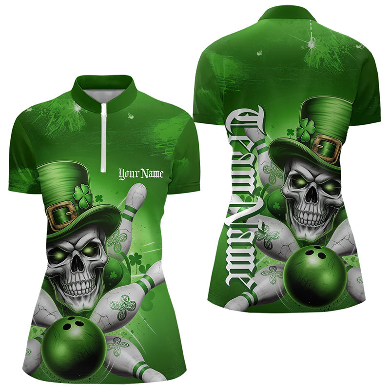 Custom Green Leprechaun Skull St Patricks Bowling Womens Quarter-Zip Shirt, Lucky Shirt IPHW8595