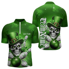 Load image into Gallery viewer, Custom Green Leprechaun Skull St Patricks Day Bowling Quarter-Zip Shirt For Men, Lucky Bowling Shirt IPHW8595