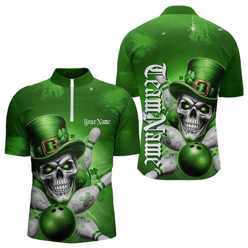 Custom Green Leprechaun Skull St Patricks Day Bowling Quarter-Zip Shirt For Men, Lucky Bowling Shirt IPHW8595