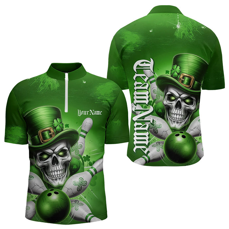 Custom Green Leprechaun Skull St Patricks Day Bowling Quarter-Zip Shirt For Men, Lucky Bowling Shirt IPHW8595