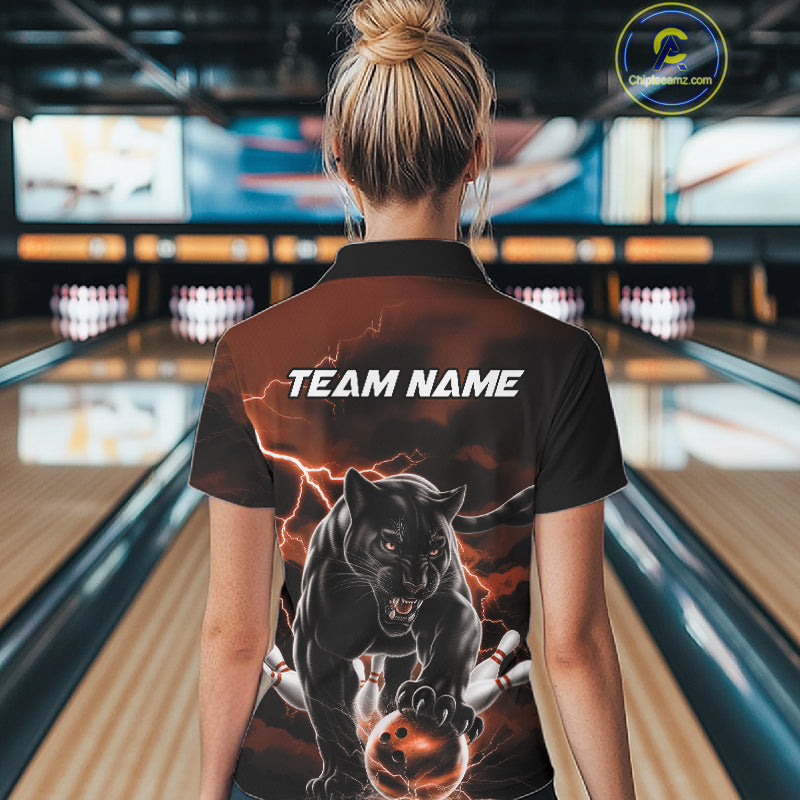 Orange Thunder Lightning Custom Panther Women Bowling Polo Shirts, Panther Bowling Jerseys IPHW10791
