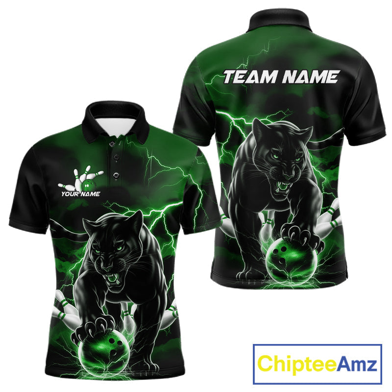 Green Thunder Lightning Custom Panther Men Bowling Polo Shirts, Panther Bowling Jerseys IPHW10793