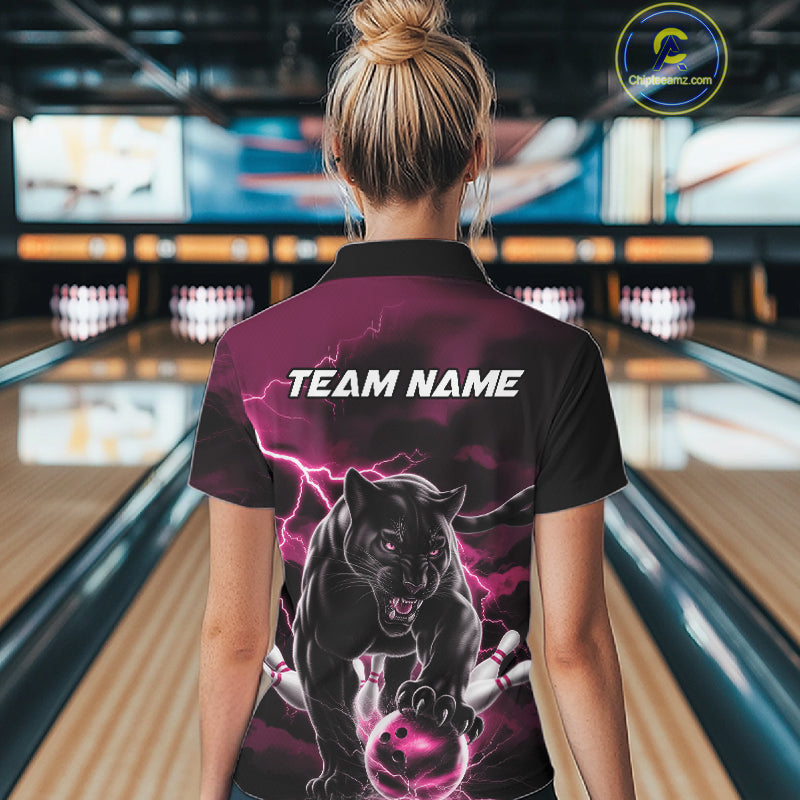Pink Thunder Lightning Custom Panther Women Bowling Polo Shirts, Panther Bowling Jerseys IPHW10794