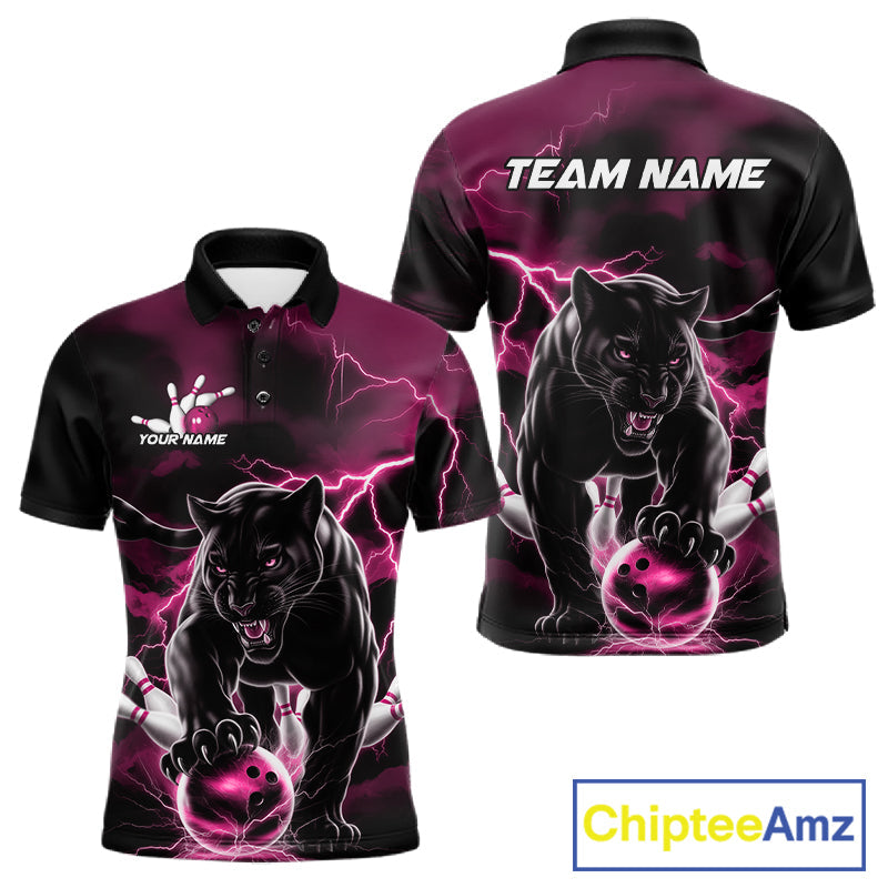 Pink Thunder Lightning Custom Panther Men Bowling Polo Shirts, Panther Bowling Jerseys IPHW10794