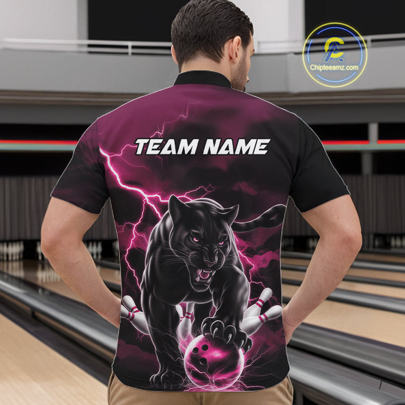 Pink Thunder Lightning Custom Panther Men Bowling Quarter-Zip Shirts, Panther Bowling Jerseys IPHW10794